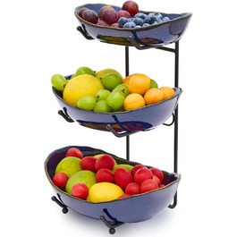 DUJUST Трирівнева етажерка для фруктів з кераміки, 3 яруси, сучасний дизайн, обпалена глазур, для кухні, зберігання фруктів, стабільна, придатна для миття в посудомийній машині