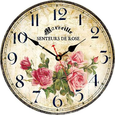 Toudorp Wooden Wall Clock, Arabic Numerals, Easy to Read, Silent Wall Clock, Retro, Battery Operated, Cafe and Flower Pattern, Decorative Wall Clock for Bedroom, Living Room, Dining Room (Pink Roses, 8 inches)