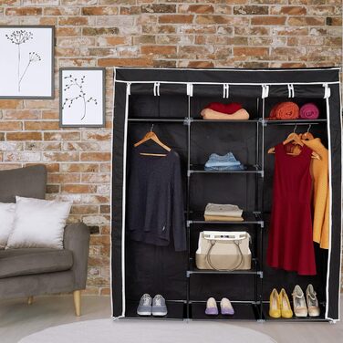 Relaxdays Fabric Clothes Closet, 9 Compartments, 2 Clothes Rails, HBT: 173 x 148 x 43 cm, Camping, Basement, Folding Closet, Anthracite, Fabric, 10019122-139