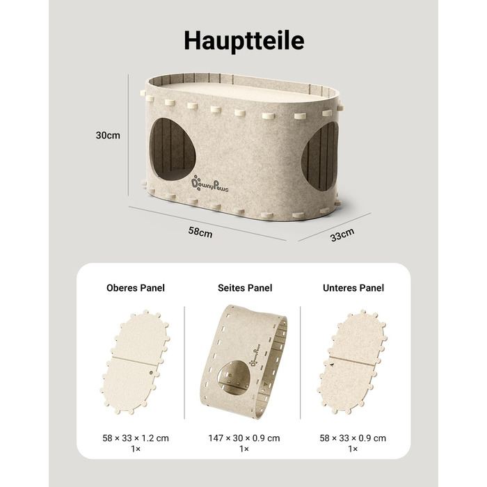 Будиночок для котів з фетру, лежанка для котів, затишна кімната для котів, 58 x 33 x 30 см, ігровий Peek-a-Boo, зимовий, захист кігтів, бежевий, 1 шт.