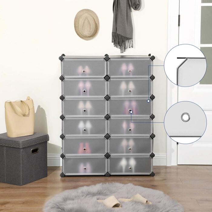 SONGMICS Plastic Shoe Rack, Shelf System, Stackable Shelf, Storage Shelf, Wardrobe, Shoe Storage, Metal Wire, 83 x 31 x 105 cm, White LPC26W (12 Compartments (83 cm wide), Black)