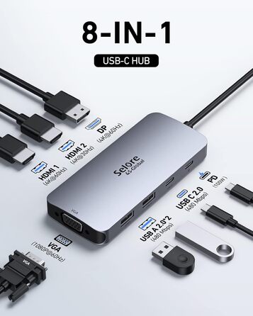 Док-станція для 2 моніторів, USB-C хаб 8 в 1: адаптер DisplayPort, HDMI, VGA, USB 2.0, PD 100W, для ноутбуків Dell, Thinkpad, Huawei (сірий)