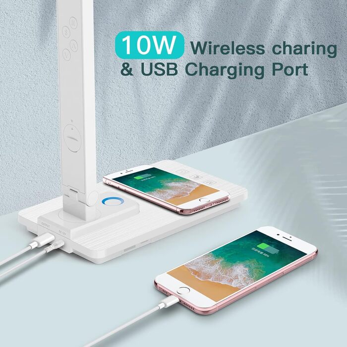 Світлодіодна лампа настільна з регулюванням яскравості та функцією зарядки годинника - настільна лампа нічник з бездротовим зарядним пристроєм 10W, USB-порт, складна, сенсорне керування, 5 рівнів регулювання, 3 режими (Tx223white-eu)