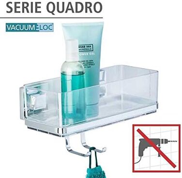 WENKO Vacuum-Loc Bathroom Wall Shelf Quadro with Hooks, 2 Tiers, with Removable Bowl, Mounting without Drilling, Stainless Steel/Plastic, 25.5 x 15 x 14 cm