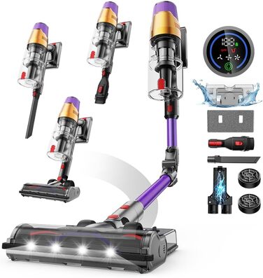 Бездротовий акумуляторний пилосос A12 з функцією миття підлоги, 8-в-1, 48Kpa, 550W, 70 хвилин, з сенсорним екраном, об'єм контейнера 1,5 л, док-станція для стін, підходить для килимів, авто, шерсті тварин, фіолетовий
