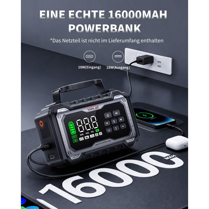 Пусковий пристрій (бустер) для авто 8000A з компресором 160 PSI та повітродувкою, Powerbank, чорний