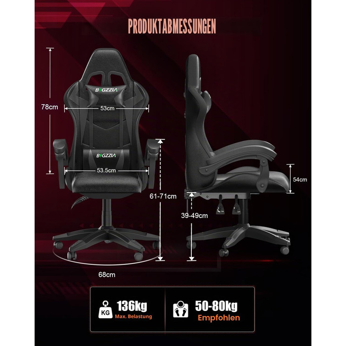 Геймерське крісло Bigzzia з RGB підсвіткою, ергономічне для ПК, з підголівником, чорне