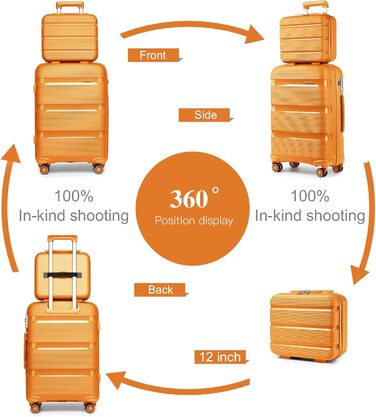 Чемодан для ручної поклажі з 4 колесами, оранжевий, з TSA-замком та YKK-блискавкою, з косметичкою