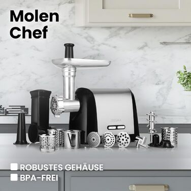 ZEEGMA Electric Meat Grinder - 1900W, Stainless Steel Plates, 3kg/min, Sausage Maker, Kubbe Maker, Chopping, Dicing, REV Function, Accessory Set - Silver