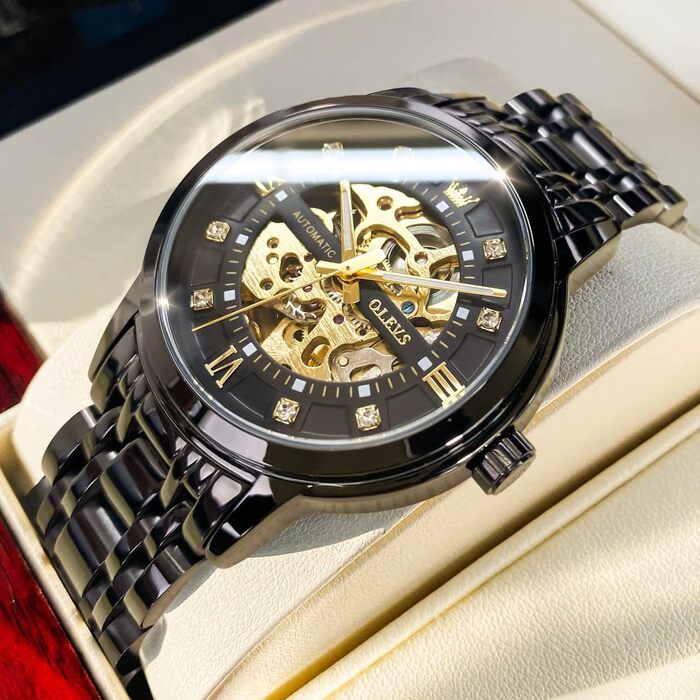 Чоловічий годинник OLEVS Skeleton Automatic — механічний скелетон з автопідзаводом, водонепроникний, сталевий корпус, люмінесцентна підсвітка (Чорний)