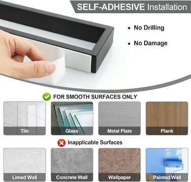 Тримач для рушників SAYAYO без свердління, самоклеючий, нержавіюча сталь, 40 см, чорний (EGOY23030-3M-300-B)