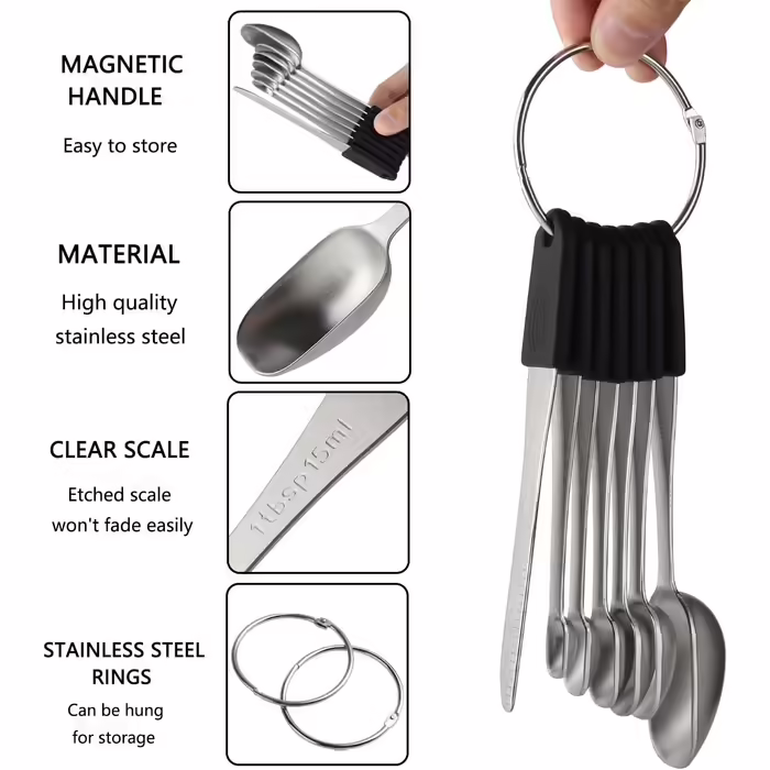 Magnetic Measuring Cups and Spoons Set Includes 7 Stainless Steel Measuring Cups, 6 Stackable Magnetic Measuring Spoons with 1 Leveler for Dry and Liquid Ingredients (Black)