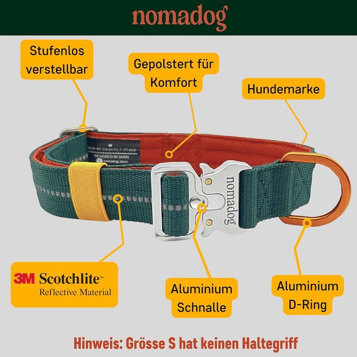Нашийник для собак Nomadog Trailblazer S - міцний тактичний нашийник з ручкою для великих собак, алюміній, відбиваючий, регульований