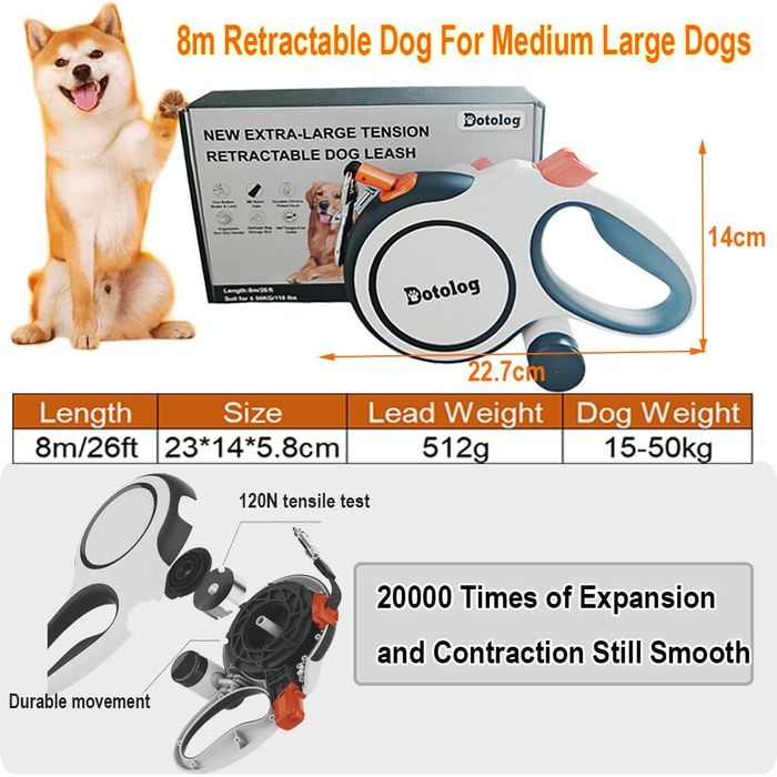Рулетка для собак, висувна поводок-рулетка для середніх та великих собак до 50 кг, чорний, 8 м