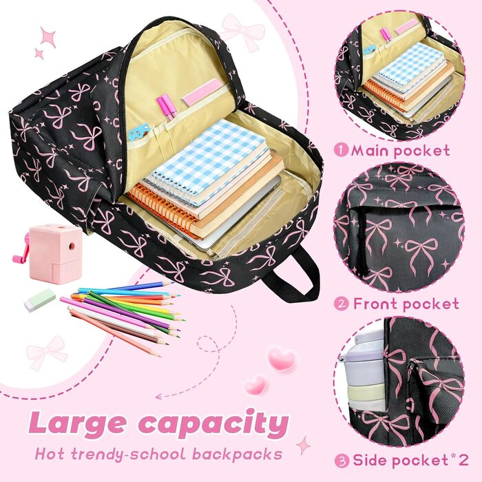 Жіночий рюкзак для ноутбука, шкільний рюкзак, легкий та стильний, чорний/рожевий