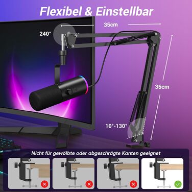 Професійний USB/XLR мікрофон TONOR TD510 AIR S+H для стрімінгу та подкастів з AI шумозаглушенням, RGB підсвіткою, кріпленням-пантографом, чорний