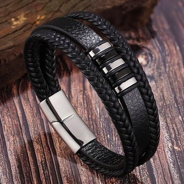 Чоловічий шкіряний браслет Premium: елегантний стиль, чорна сталь 316L