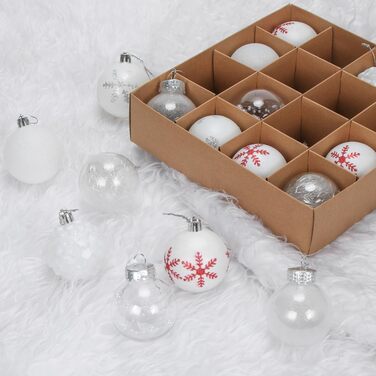 Набір прикрас на ялинку 16 шт. Кульки з пластику 6 см, розписані, для ялинки, набір, декорації (білий)