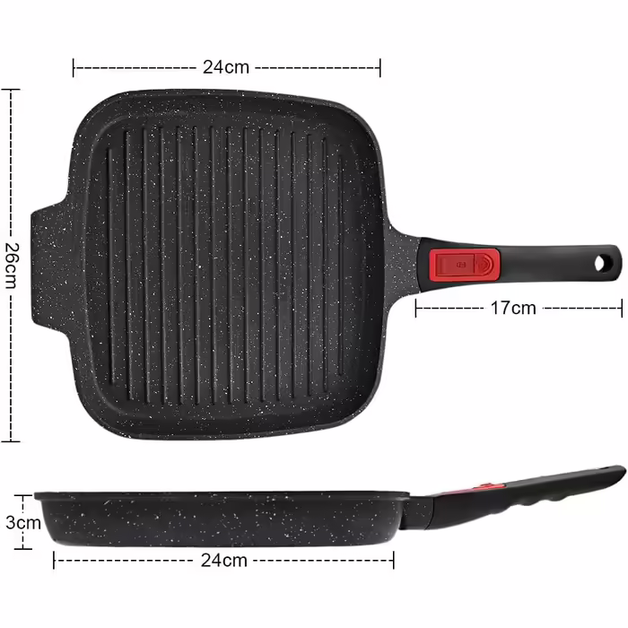 RANX INGST Grill Pan Induction with Removable Handle, 26 x 24 cm Steak Pan, Non-Stick Coated Aluminum Grill Pan, All Cooktops - (Black, no lid)