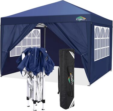 COBIZI Pop-up Pavilion 3x3, Folding Pavilion 3x3 Waterproof, Stable, Winterproof |8x Pegs|4x Wind Rope|UV Protection 50+|High-Density Tarpaulin| Pavilion Folding 3x3m Party Tent Folding Pavilion 3x3 Garden Pavilion (Navy Blue, 3x3m with 4 Side Walls)