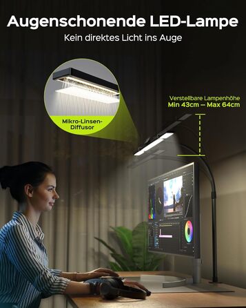 LED лампа настільна Jackyled з 3 регульованими головками, диммер, пульт, для монітора, офісу, майстерні, 5 рівнів яскравості та кольорових температур