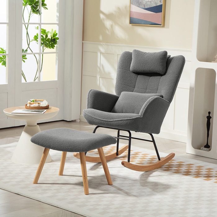 HOMCOM Rocking Chair with Ottoman, Soft Fleece Upholstery, Wooden Legs, Cushion, High Back, Rocker, Dark Grey