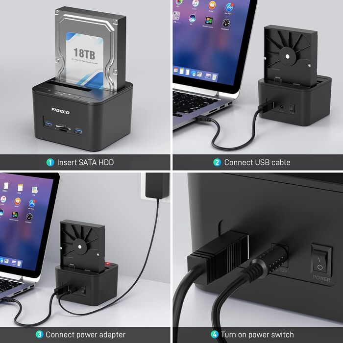 Док-станція для жорстких дисків FIDECO з двома відсіками, USB 3.0, підтримка UASP, TF/SD карт, для HDD/SSD SATA 2.5