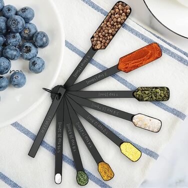 Black measuring cups and spoons, 21-piece set, including 7 stainless steel measuring cups, 8 measuring spoons, 1 leveler, and 5 mini measuring spoons, ideal for dry and liquid ingredients