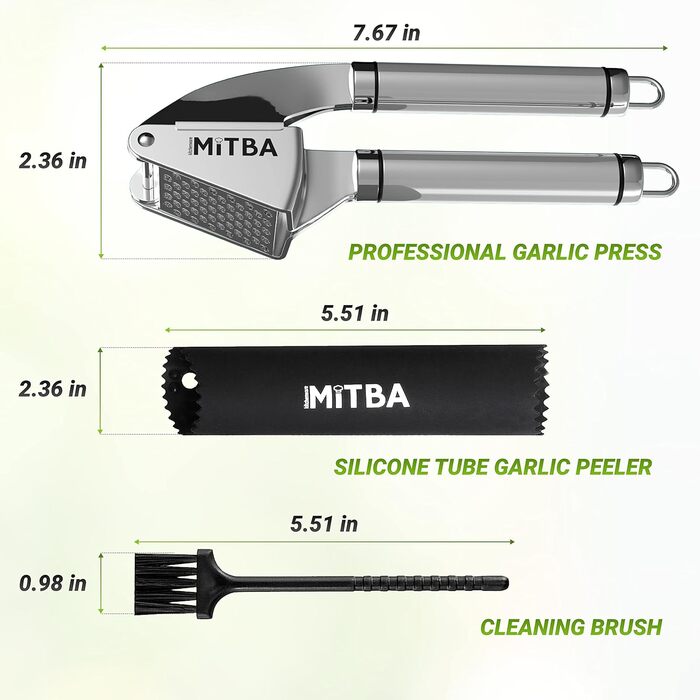 MiTBA Garlic Press Set with Non-Slip Handles - Includes Crusher, Silicone Peeler & Cleaning Brush