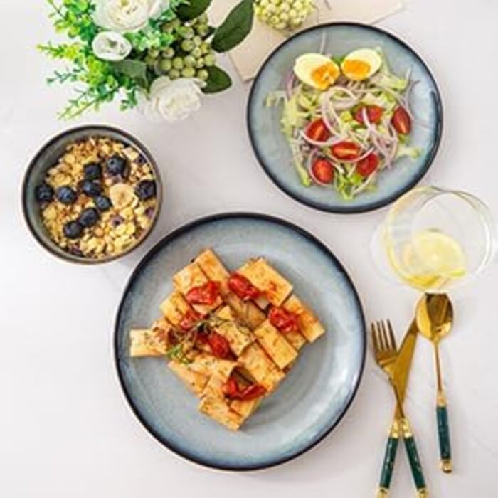 Набір посуду LERATIO з кераміки для 4 осіб: тарілки та миски з каменю, стійкий до сколів та тріщин, підходить для миття в посудомийній машині, мікрохвильовій печі та духовці. Сервіз Dreamy Moonlight-grey White (12 предметів)