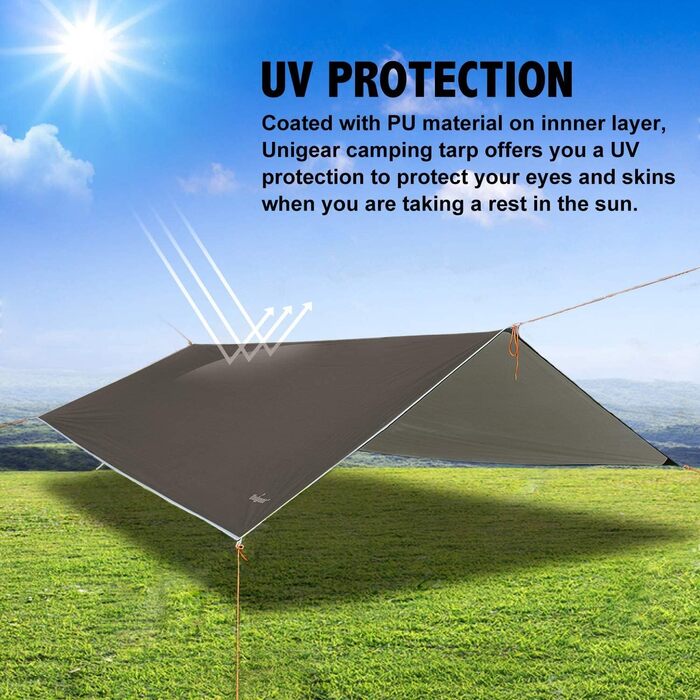 Водонепроникна тентова тканина Unigear 3x3/3x4/3x5/4x4 м для кемпінгу, гамака, захисту від сонця та дощу з кільцями, шнурами та кілочками