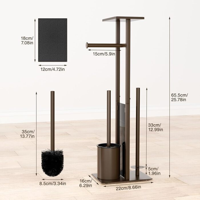 Stainless Steel Toilet Paper Holder with Brush - Freestanding Toilet Paper Roll Holder with Tray & Glass Shelf (Matte Brown)
