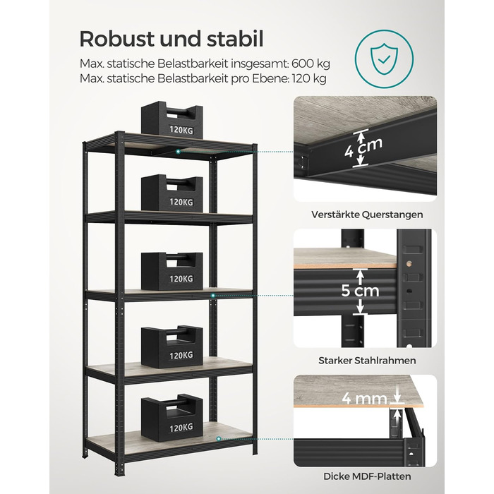 SONGMICS Industrial 5-Tier Shelf Unit - Greige & Black (50x100x200 cm)