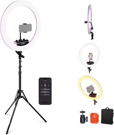 NEEWER Комплект кільцевого світла для фото та відео: 48 см, 52 Вт, регульоване LED світло, штатив, Bluetooth, рожевий (RP18B Pro)