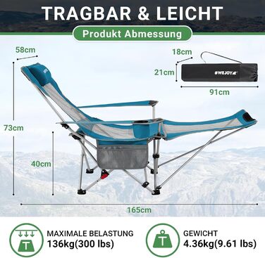 Кемпінговий стілець-шезлонг WEJOY 2-в-1: складаний стілець для пляжу та відпочинку з регульованою спинкою, підставкою для ніг, тримачем для напоїв, сірий/блакитний