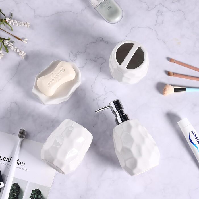 Набір аксесуарів для ванної кімнати, 4 шт: диспенсер для мила, мильниця, тримач для зубних щіток, стаканчик для зубних щіток, органайзер для ванної кімнати, сучасний дизайн (білий)