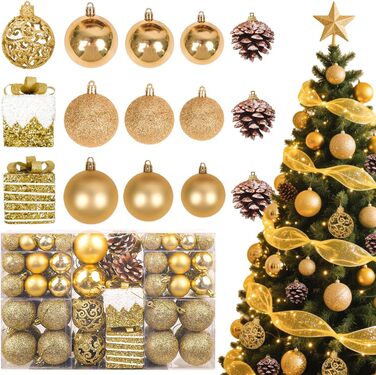 Набір прикрас для ялинки 101 шт. Кульоні з пластику, рожеве золото, матові, блискучі, з шишками та стрічками для декору ялинки, святкування, дому (золотий)