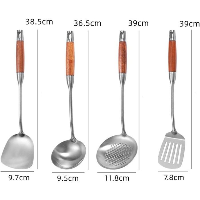 Набір кухонного приладдя з нержавіючої сталі 4 шт. (лопатка, шумовка, сито, лопатка для перевертання), з дерев'яною ручкою, придатний для миття в посудомийній машині