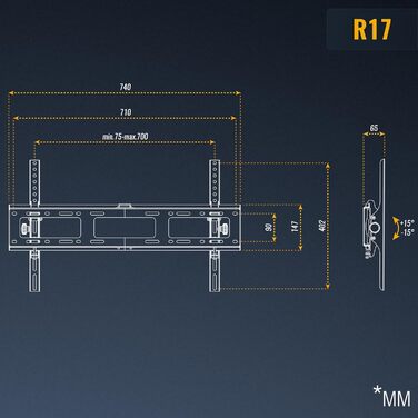 Кріплення для телевізора RICOO R17: настінна підставка для телевізорів 37-75 дюймів, нахильна, VESA 600x400, slim, для плоских та curved smart TV, до 100 кг