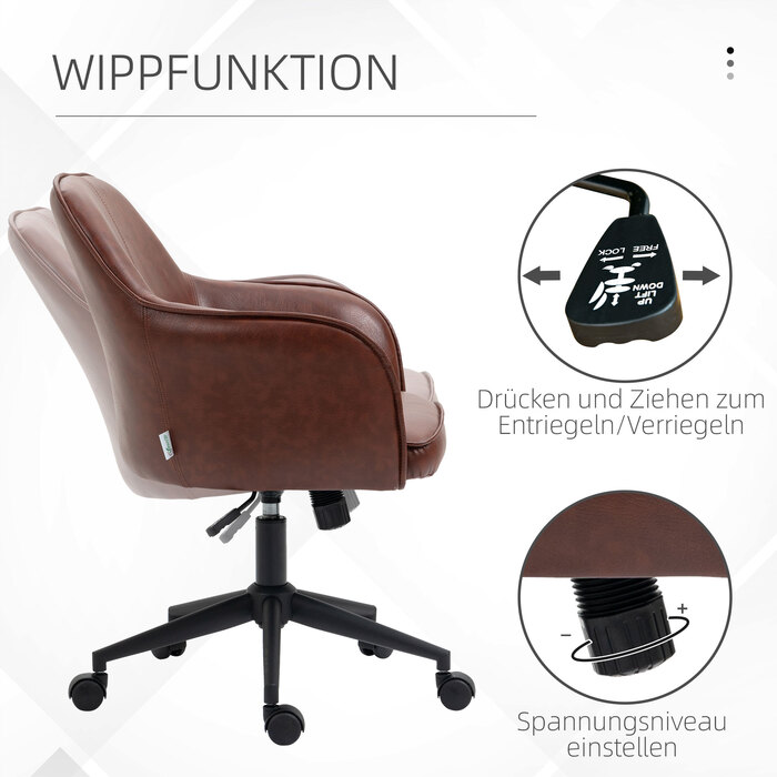 Vinsetto Office Chair Desk Chair with Tilt Function, Height Adjustable 93-101 cm, Weight Capacity up to 120 kg, Faux Leather Look, Brown
