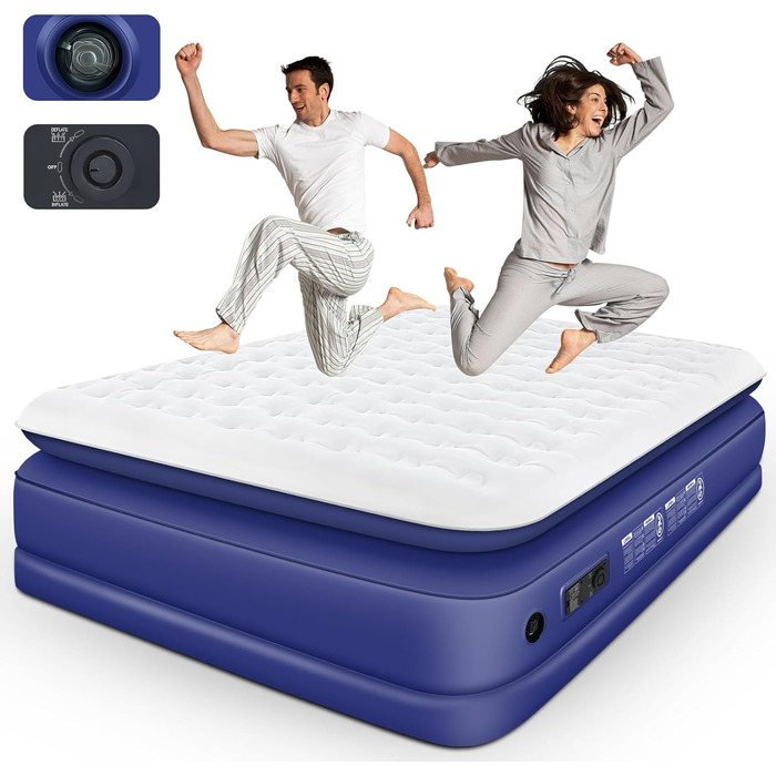 Надувний матрац 152x203 см для 2 осіб з електричним насосом | Гостьове ліжко & кемпінг | Надувне ліжко блакитно-біле