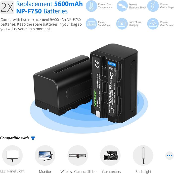 Зарядний пристрій NEEWER Dual USB з 2 шт. акумуляторами 6600mAh NP-F970, швидка зарядка для Sony NP-F970, F960, F950, F770, F750, F570, F550, Handycam, LED-ліхтарі, моторизовані слайдери NEEWER (NP-F750)