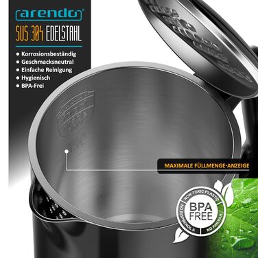 Електричний чайник Arendo з регулюванням температури, нержавіюча сталь, подвійні стінки Cool Touch, дисплей, бездротовий, 2200 Вт, 1,7 л, захист від перегріву, функція підтримання тепла, чорний