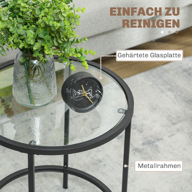 HOMCOM Side Table Round Coffee Table with Glass Tabletop, Metal Frame, Coffee Table, Nightstand for Living Room, Bedroom, Black, Ø48 x 54.7 cm | Aosom