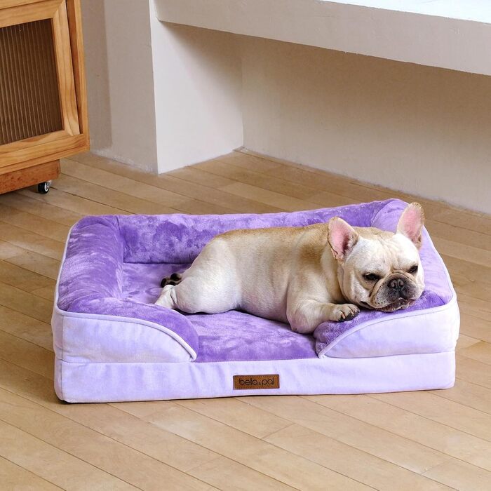 Ортопедичне ліжко для собак BELLA & PAL, 71x59 см. Зручне ліжко-софа для собак маленьких та середніх порід. Без монтажу, з ефектом пам'яті, водовідштовхувальна підкладка, фланелевий знімний чохол, неслизьке дно. (71 x 58.5 x 16.5 см, фіолетовий)