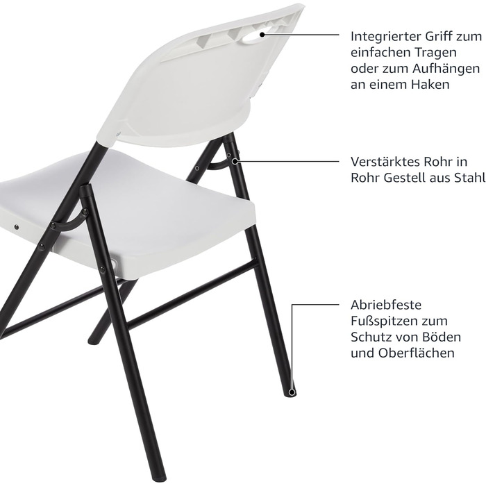 Amazon Basics Folding Chairs, Plastic and Metal, 4-Piece Set, Camping Chair, Kitchen Chair, for Indoor and Outdoor Use, Up to 158 kg, 4 Pieces (4 Pieces, White)