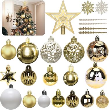 Набір прикрас на ялинку 101 шт. Золоті ялинкові кулі, ялинкова прикраса, набір ялинкових кульок, ялинкова зірка, матові та глянцеві, багаторазові, 3, 4, 6 см