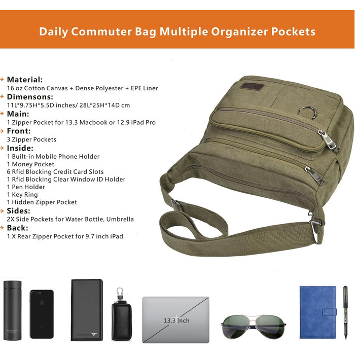 Сумка-рюкзак W&G Traveler RFID з відділенням для пляшки, 13-дюймовий ноутбук, гаманець з інтегрованою кишенею для телефону, багато кишень, закривається на блискавку (армійний зелений)