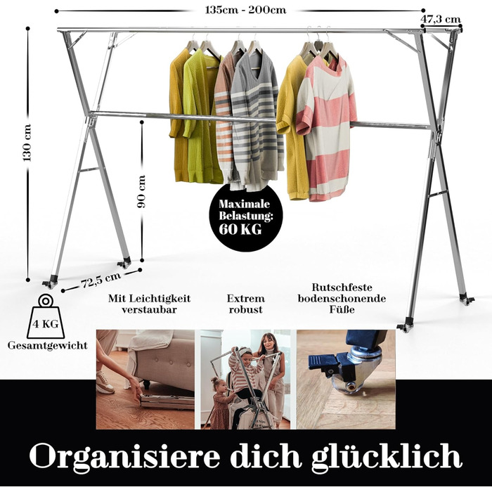 Clothes Rack / Laundry Rack + Bag Moritz [Extendable 1.30-2.0m, foldable, very stable stainless steel] Clothes Rail, Coat Rack, Entrance Hall Coat Rack, Open Wardrobe (Silver, with hooks / with bag / with wheels)