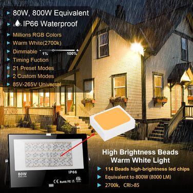 RGB LED Floodlight Outdoor 80W Bluetooth APP Control Floodlight Lighting Outdoor, 2700K & Million Colors Dimmable Smart Floodlight IP66 Waterproof Outdoor Floodlight Floodlight Garden Mood Lighting 2